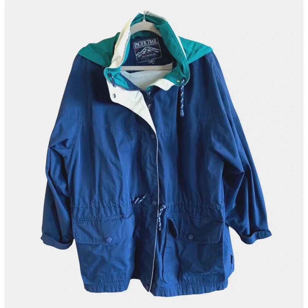 PACIFIC TRAIL JACKET Hooded Rain Parka NAVY & TEAL Marine Blue BOATING Hiking M